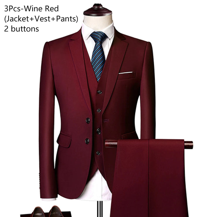 Elegant 3-Piece Men's Wedding Suit Set - Luxury Business Formal Blazers, Vest, and Pants - Free Shipping