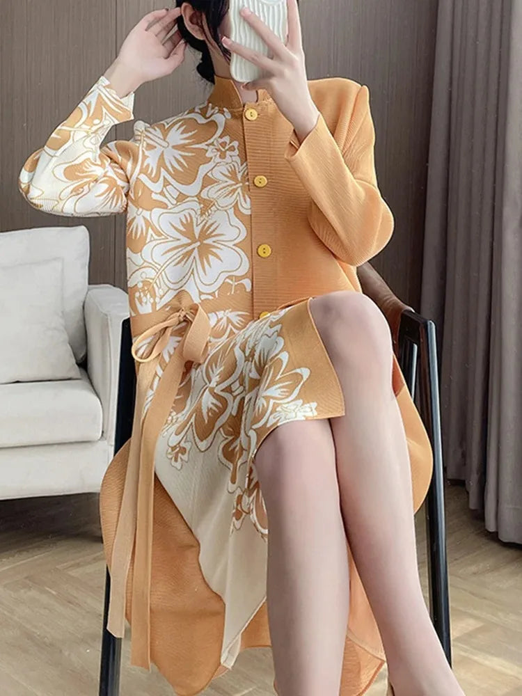 Stylish ANLAN Pleated Print Dress - Perfect for Evening Parties!