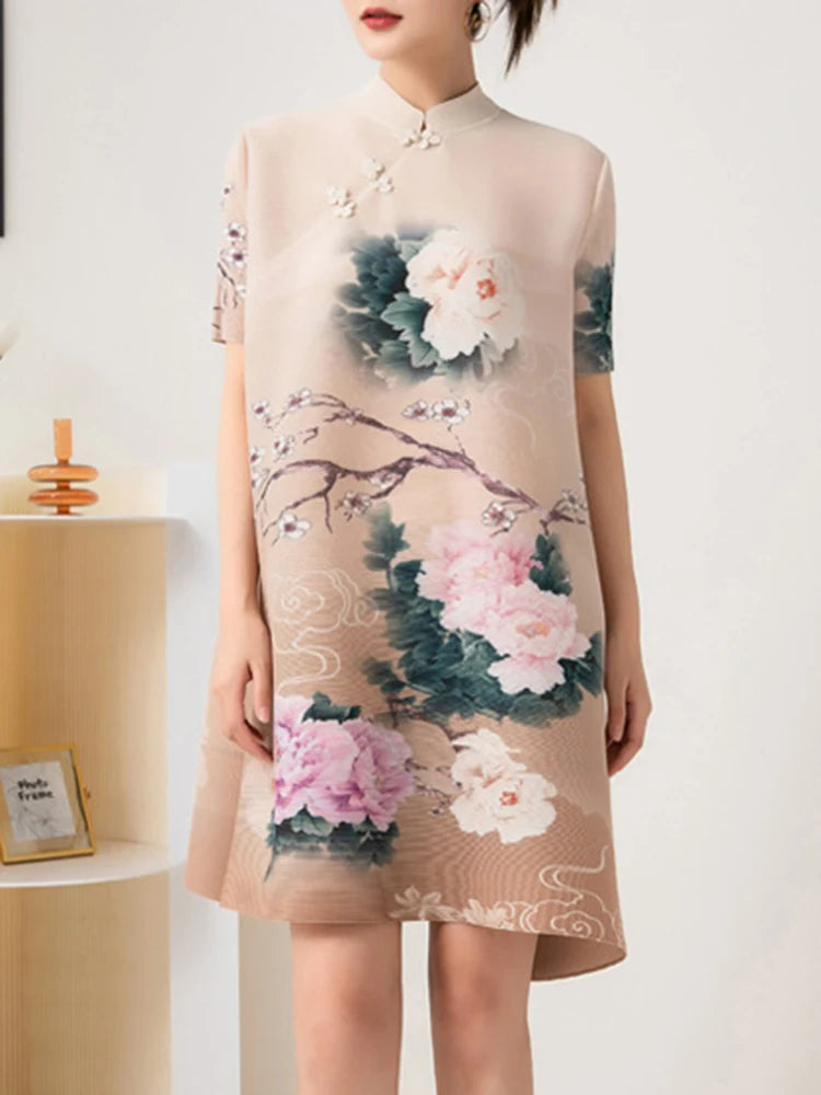 LANMREM Chinese Style Floral Print A-line Dress
