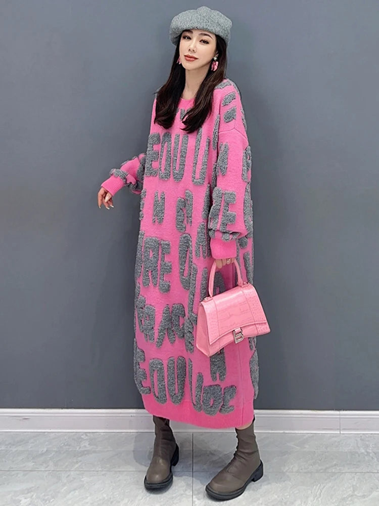 Autumn 2024 Versatile Knit Dress for Women - SHENGPALAE Villus Letter Print - O-neck - Straight - 5R7812