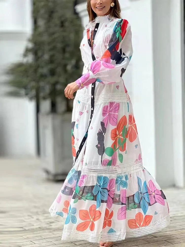 2024 Spring Summer Fashion Dress - Printed Lace V-Neck Loose Lady Robe with Buttoned Waistband