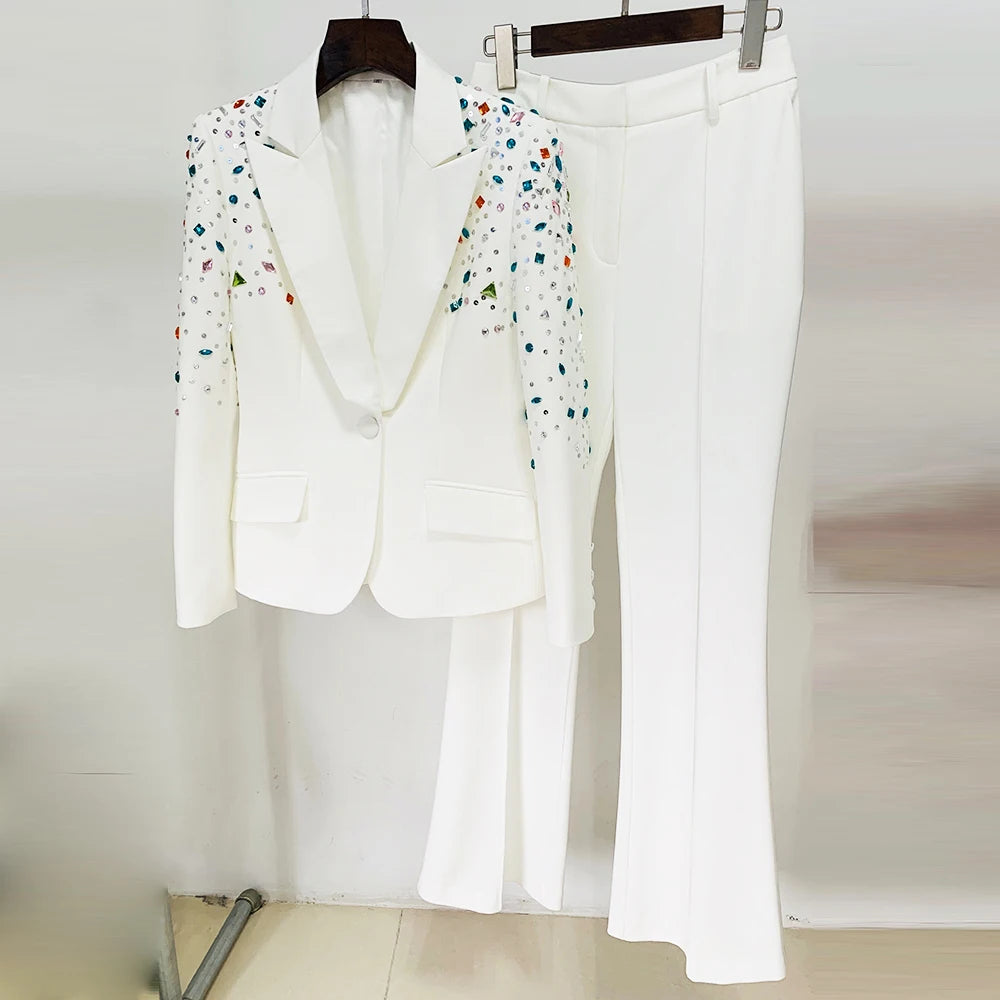 HIGH STREET Newest 2023 Designer Runway Fashion Suit Set Women's Slim Fitting Strass Diamonds Beaded Blazer Pants Set