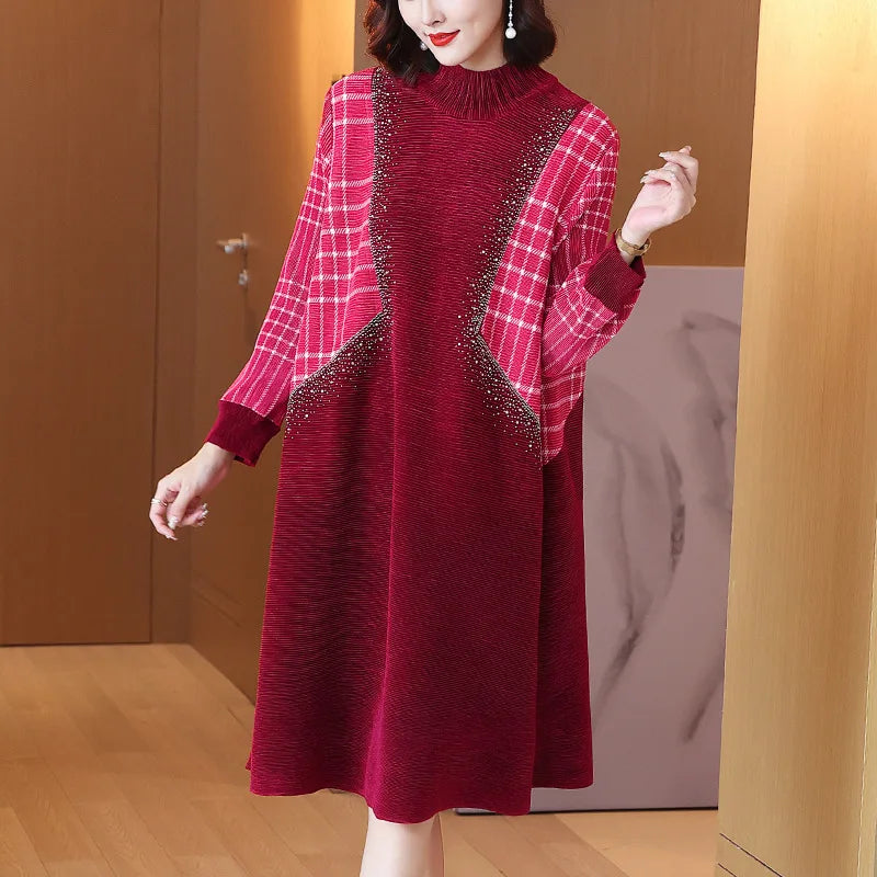 Chic Miyake Velvet Print Dress | 2023 Autumn/Winter Collection | Half-High Collar | Plus Size