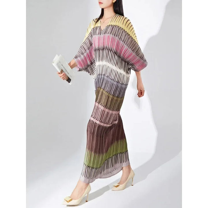 GGHK Miyake Pleated Striped Dress Women V Neck Batwing Sleeve Loose Medium Long 2023 Autumn New Fashion Elegant Female Clothing