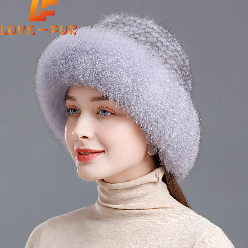 Hot Sell Winter Knitted 100% Natural Mink Fur And Fox Fur Hats Lady Fluffy Genuine Fox Fur Cap Women Luxurious Real Mink Fur Hat