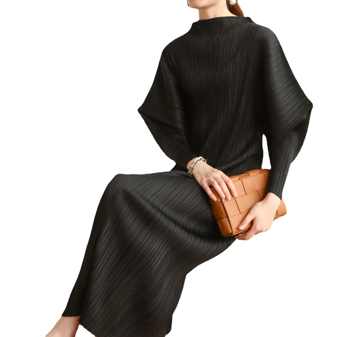 Miyake 2024 Fall/Spring High-end Loose Dress - Bat Sleeve, Half-high Neck, One Size (75-120cm Bust, 116cm Length)