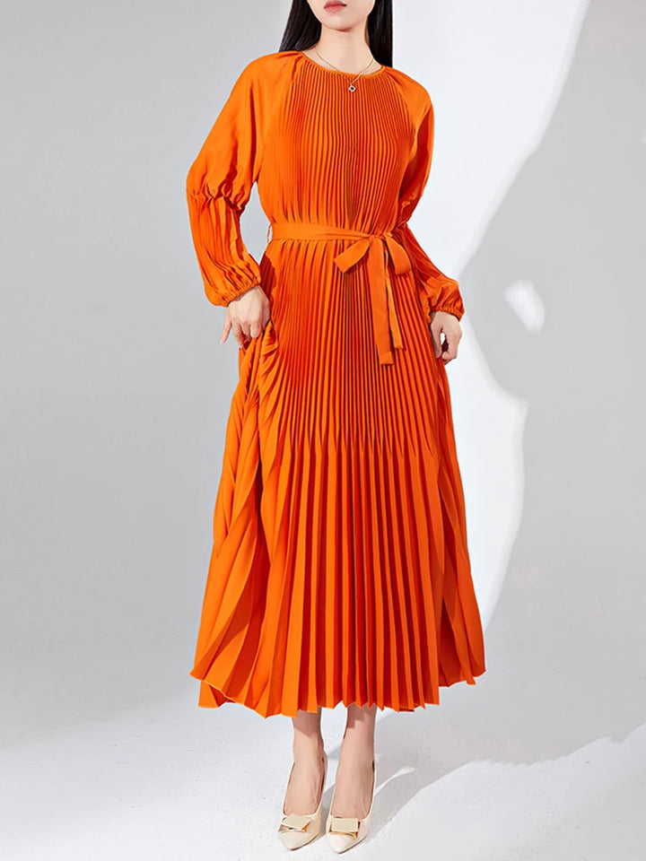 Fashion Pleated Dress with Belt | Loose Fit | Round Neck | Long Sleeves | Solid Color | Festival Clothing