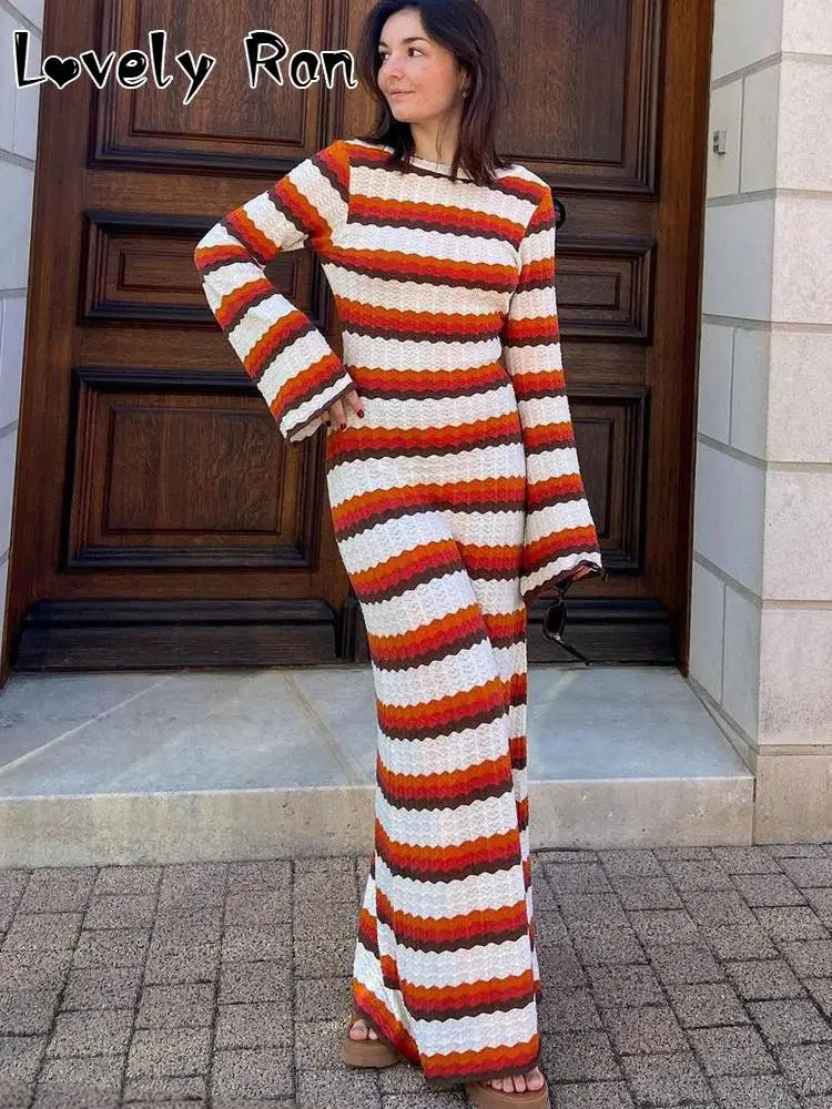 Elegant Striped Maxi Dress with Horn Sleeves for Women - Perfect for Beach, Holiday, and Evening Parties