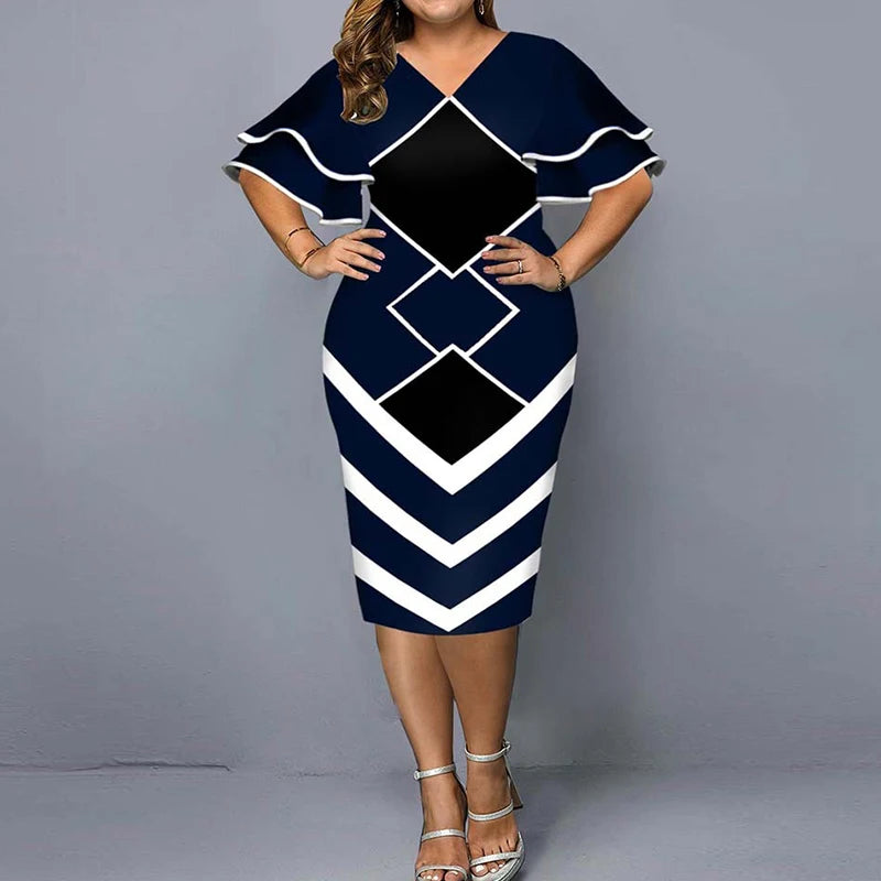 Elegant Plus Size Midi Dress - Summer Fashion for Women - V-Neck, Ruffles, Bodycon - 5XL