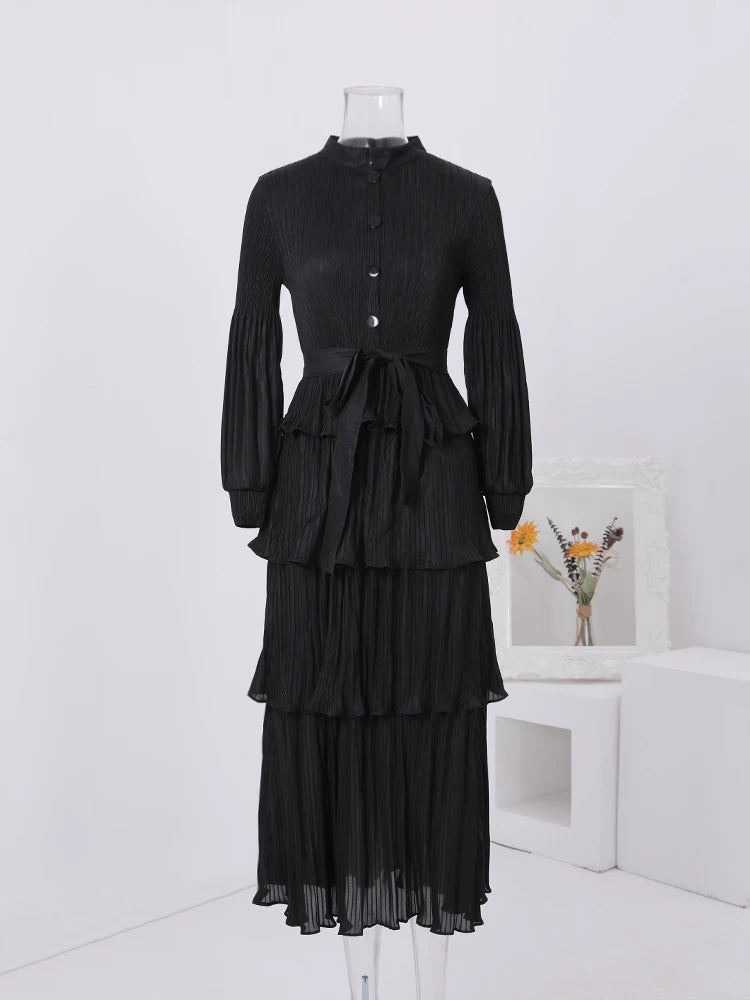 LANMREM Pleated Dress with Stand Collar