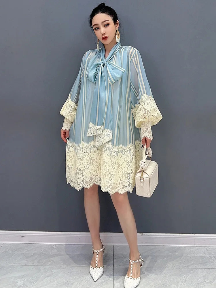 2024 Spring Summer Chiffon Lace Shirt Dress - Loose Fit, Mid Length - SHENGPALAE