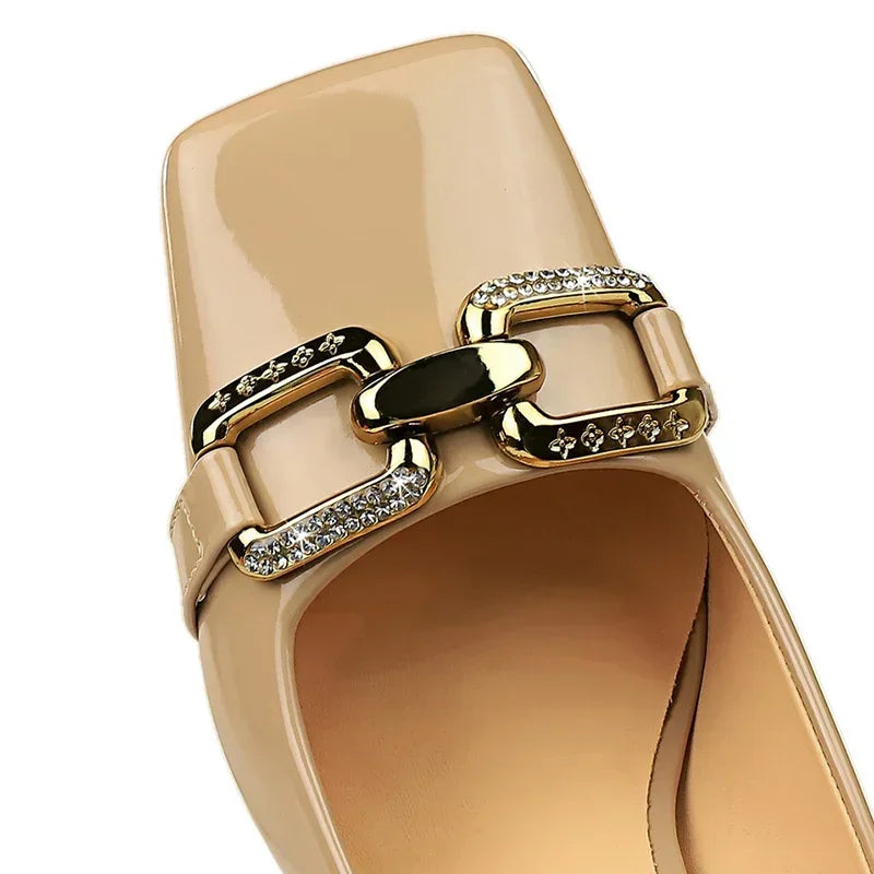 Luxury Designer Wedding Heels - 8.5cm High, Square Toe, Metal Chain - Nude/Burgundy