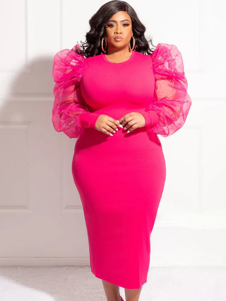 Plus Size Midi Party Dress with Tulle Patchwork and Lantern Sleeves for Women - Perfect for Birthdays and Events!