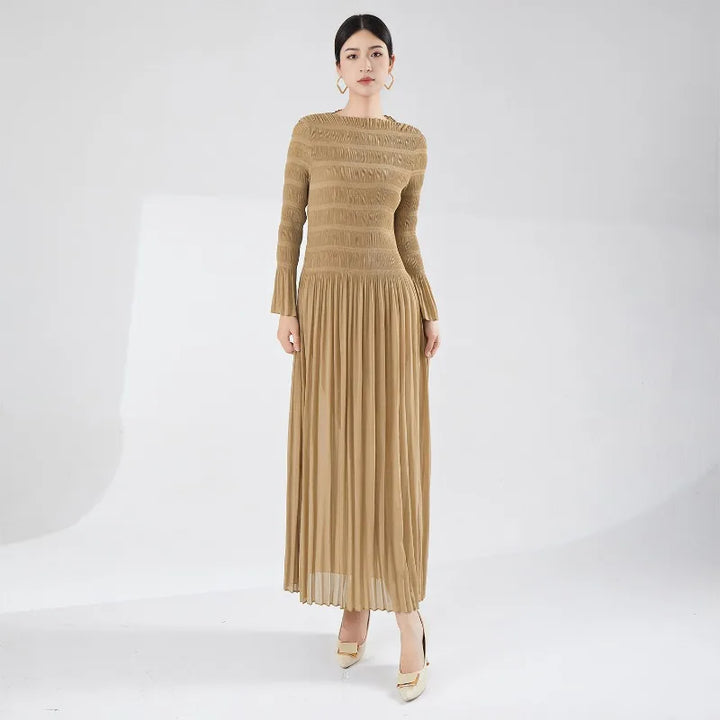 Miyake Pleated Dress Women's Summer High Quality Lightweight Elegant Long Sleeved Round Neck Extended Dress