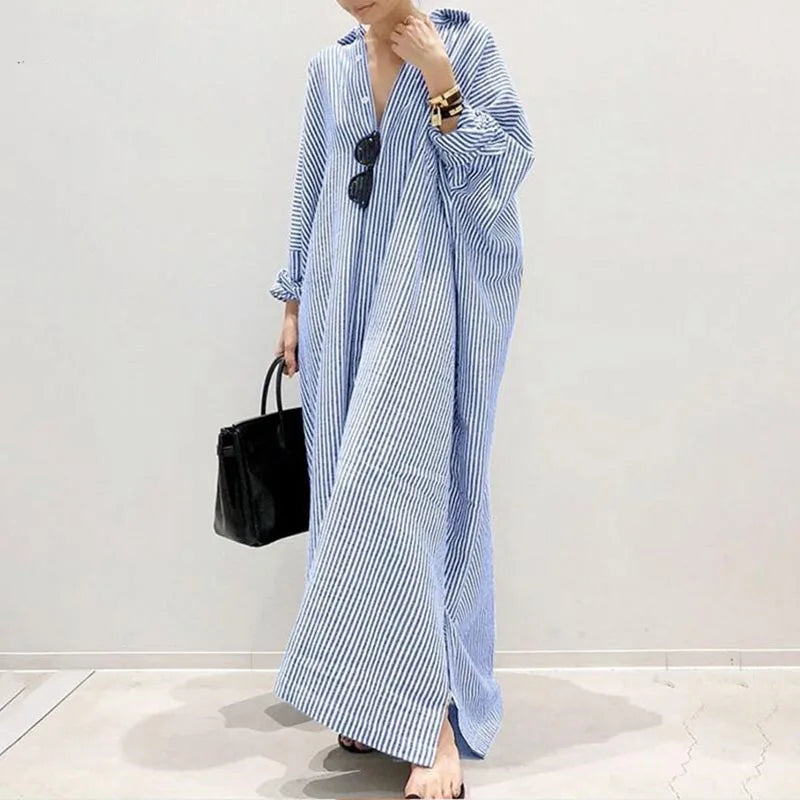 2022 Plus Size Striped Dress with Lapel, Long Sleeve, and Loose Fit - 4XL/5XL
