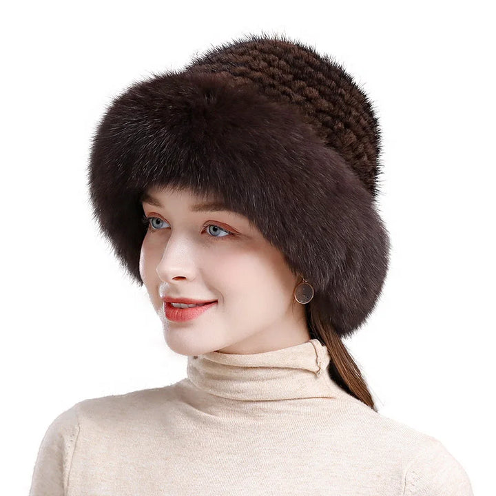 Hot Sell Winter Knitted 100% Natural Mink Fur And Fox Fur Hats Lady Fluffy Genuine Fox Fur Cap Women Luxurious Real Mink Fur Hat