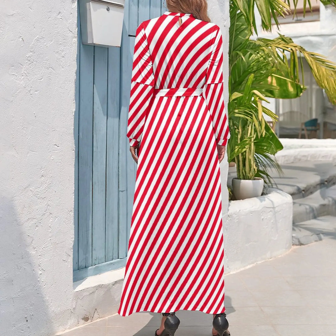 Korean Fashion Striped Maxi Dress - High Waist, Christmas Kawaii, Beach Wear - Red Line Print - European Sizing