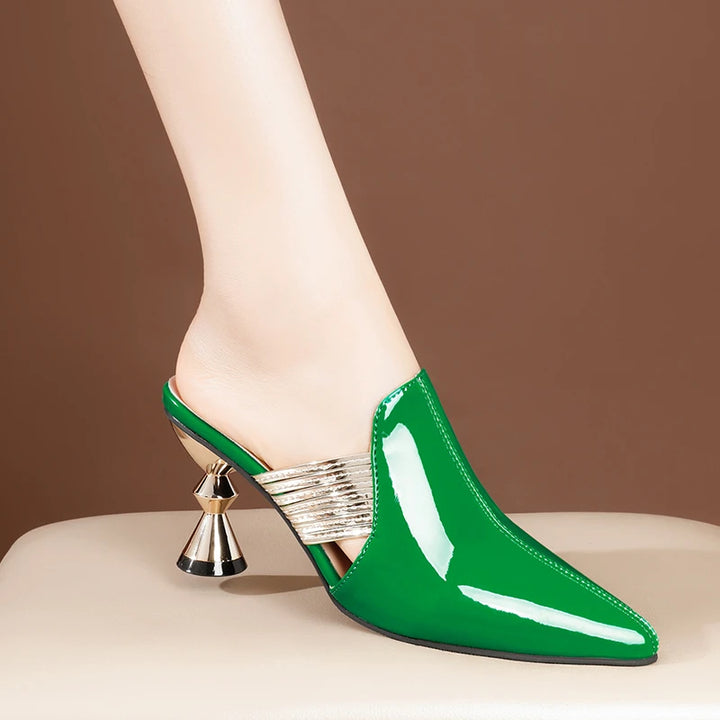 Upgrade Your Style with Elegant High Heel Slippers - Black/Green Metal Heel, Pointed Toe, Big Size - Outdoors or In!