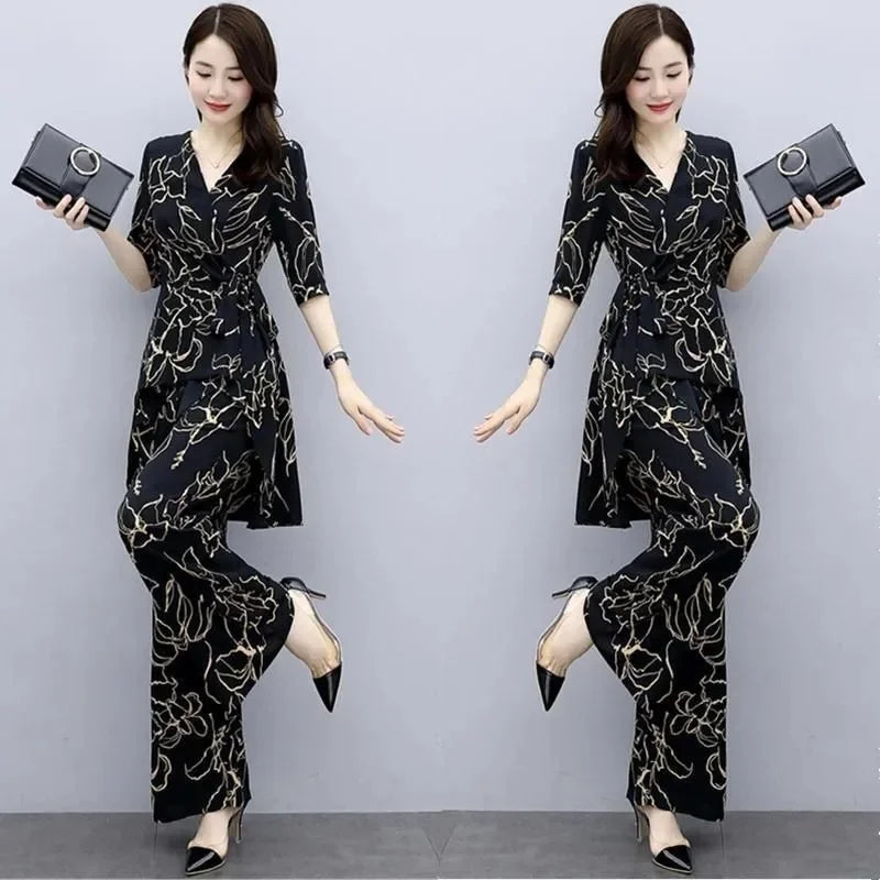 Fashionable Summer Women's Clothing Set: High Waist Wide Leg Pants & Irregular Hem Top