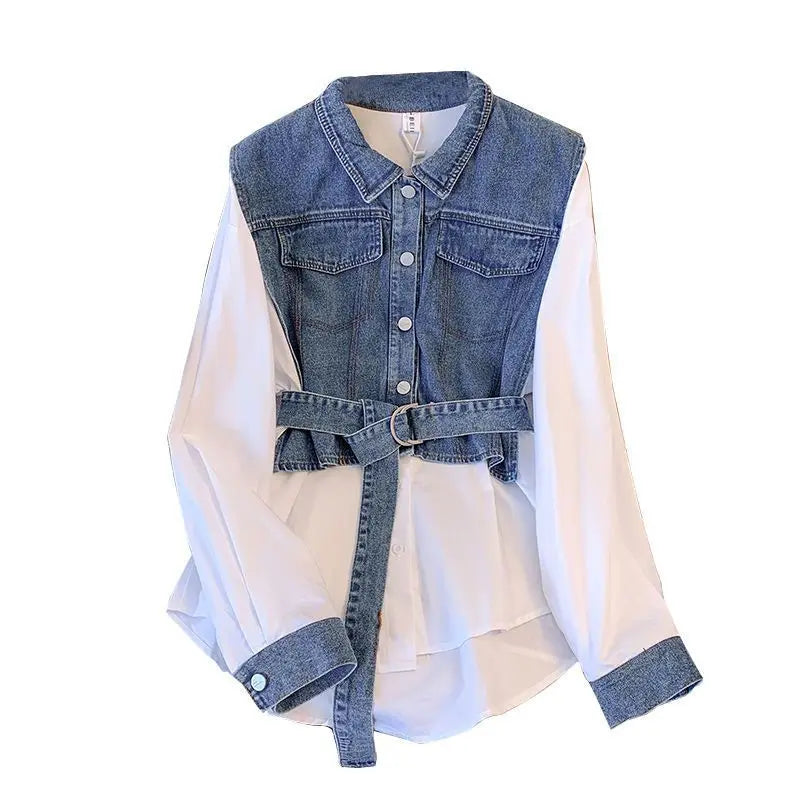 Stylish Denim Patchwork Shirt for Women - Casual & Chic Commute Blouse with Sashes
