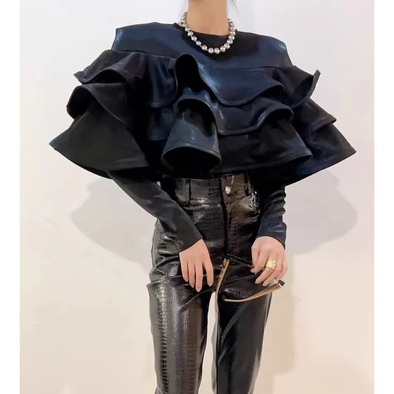Vintage Layered Ruffle T-Shirt for Office Ladies - Autumn White, Spring Black