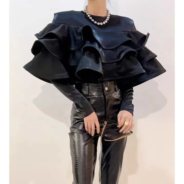 Vintage Layered Ruffle T-Shirt for Office Ladies - Autumn White, Spring Black