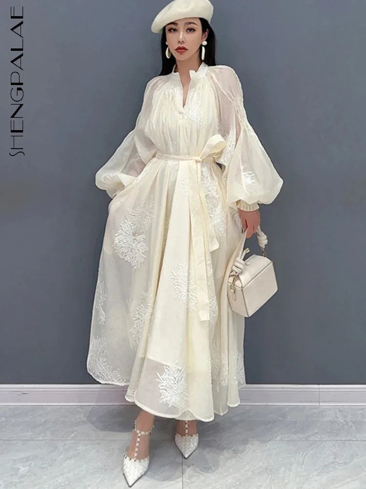 2024 Spring French Bubble Sleeve Dress for Women - Embroidered, Loose Fit, Chic - SHENGPALAE 5R9590