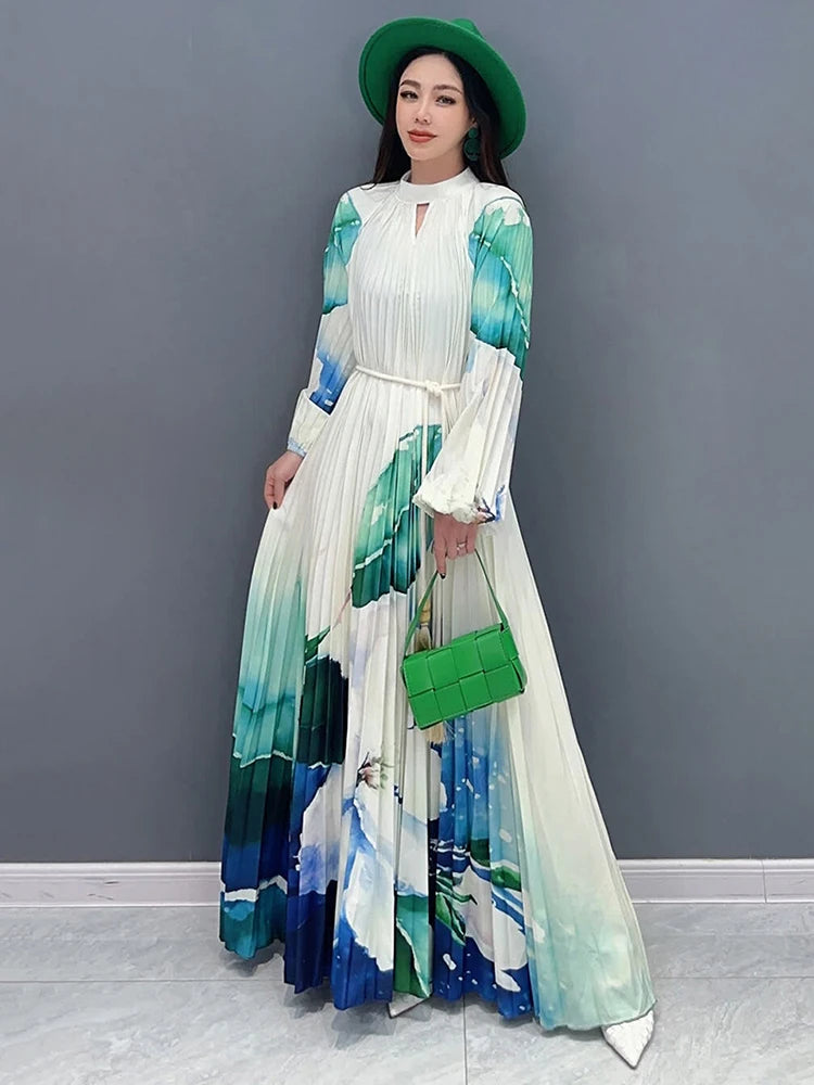 Stylish SHENGPALAE Contrast Color Pleated Dress - A-line, Floor Length, Full Sleeve - 2024 New Collection