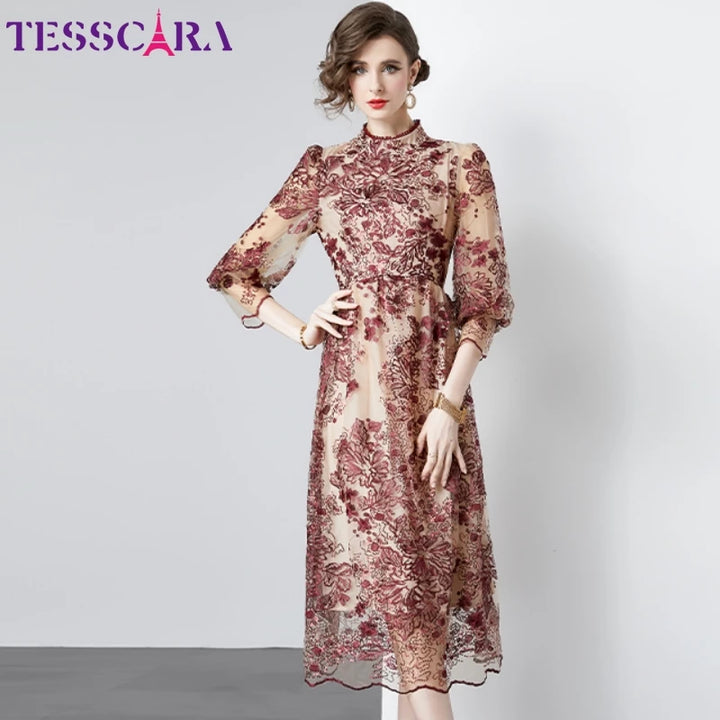 Elegant Embroidery Mesh Dress - Spring/Summer Designer A-Line Vestidos by TESSCARA