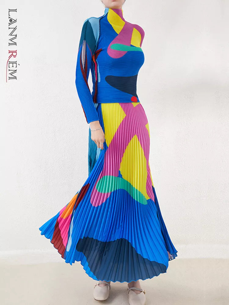 LANMREM Color Block T-shirt & Skirt Set | Long Sleeves Turtleneck Top & Elastic Waist Skirt | Women's Fashion