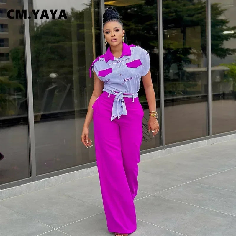 Unleash Your Inner Fashionista with CM.YAYA's 2-Piece Set - 2023 INS Chic Button-Up Shirt and Straight Wide Leg Pants. Upgrade Your Wardrobe Now!