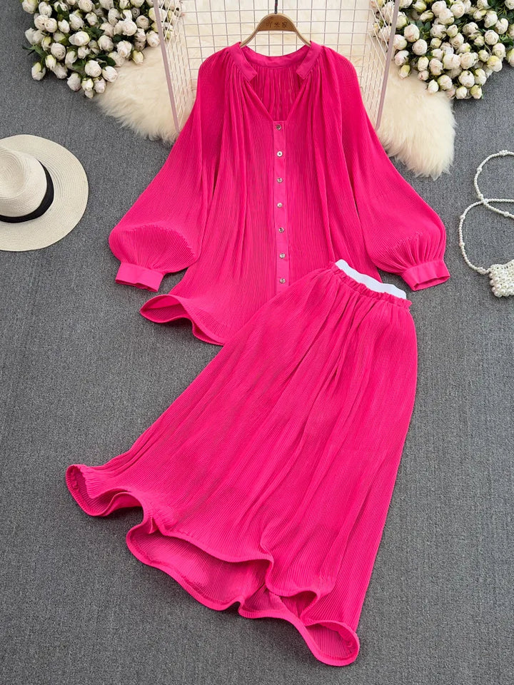 V-Neck Lantern Sleeve Two-Piece Set for Women - Spring/Summer Fashion 2023