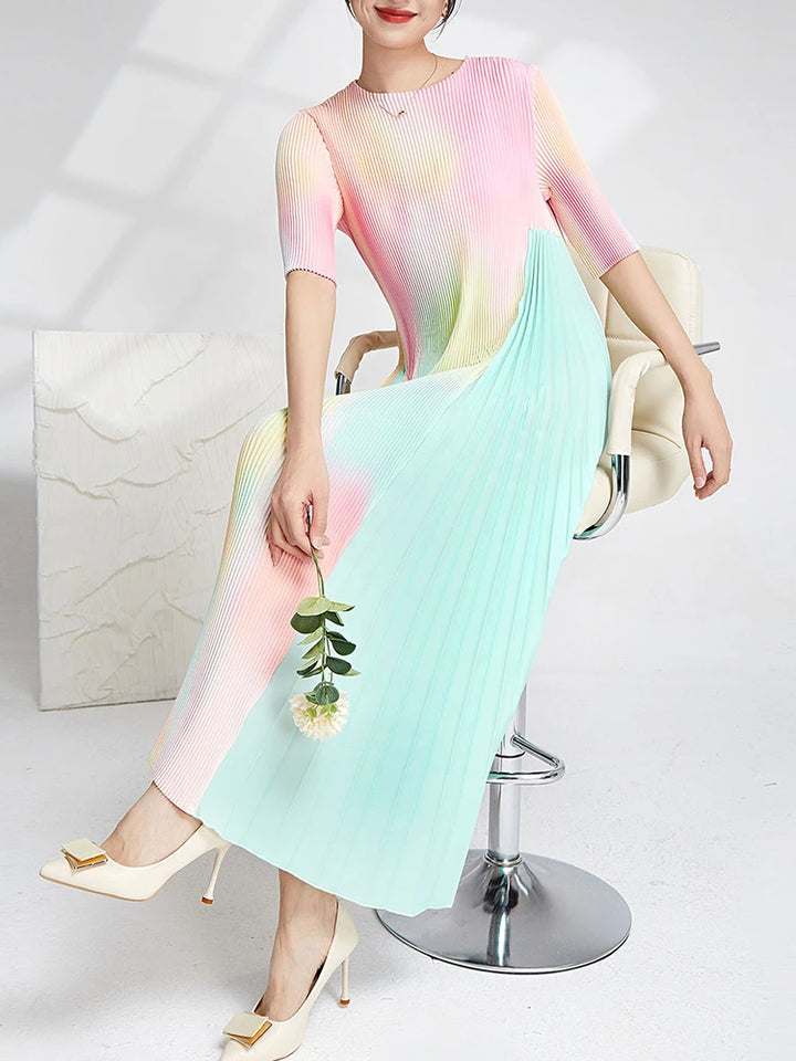 LANMREM Gradient Patchwork Dress - 2024 Spring Collection - O-neck Half Sleeves - Female Clothes