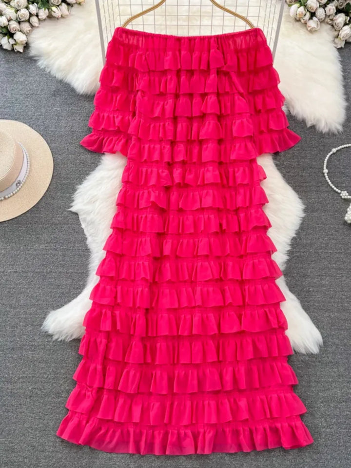 Chic Ruffled A-Line Dress - High Waist, Slash Neck, Spring/Summer 2024 - XFPV Women