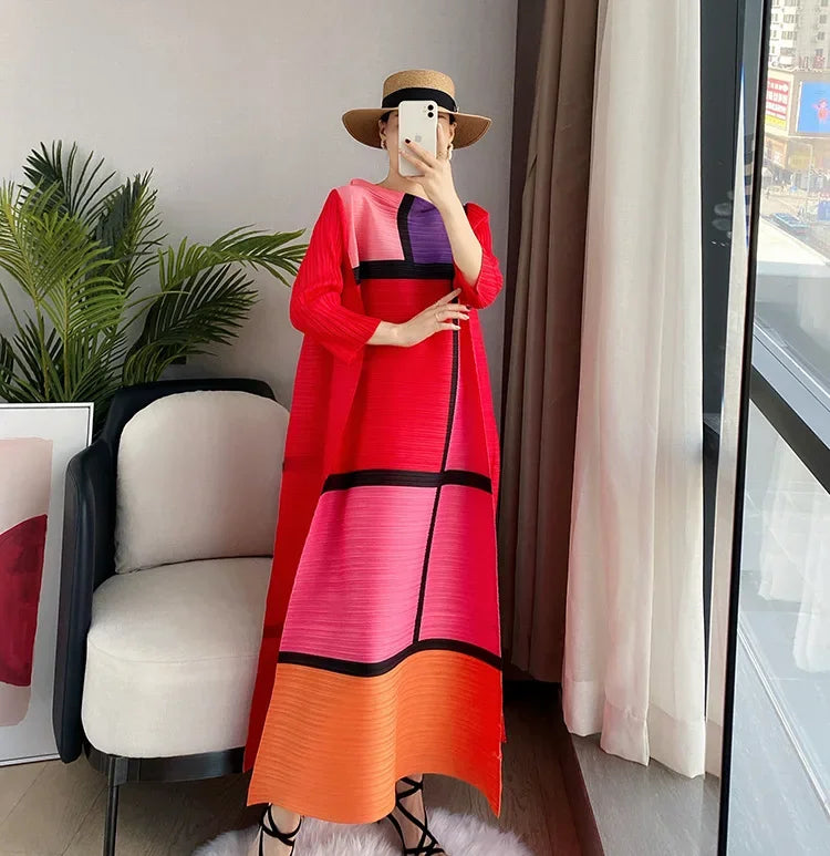 Elegant Spring Pleated Dress - Color Block, Full Sleeved, Casual Evening Party, Women's 2023 New Collection