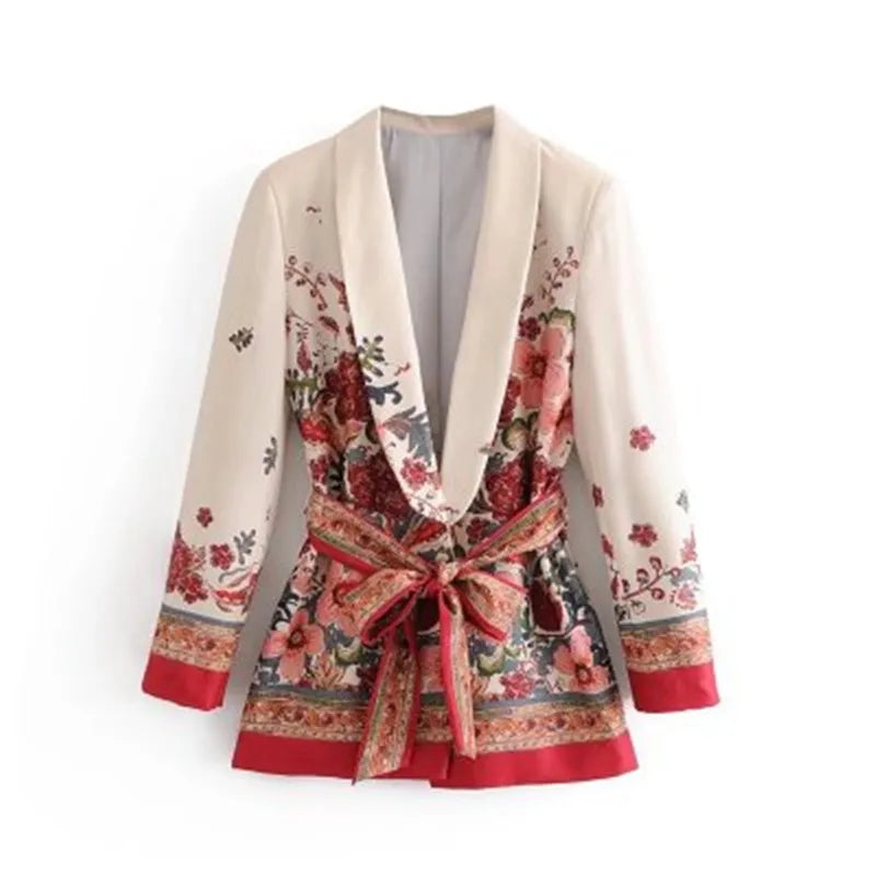 Floral Women blazer Jacket With Belt Wide Leg Pant Suit Set Women office blazer coat ladies blazer Outwear Female Women Coat