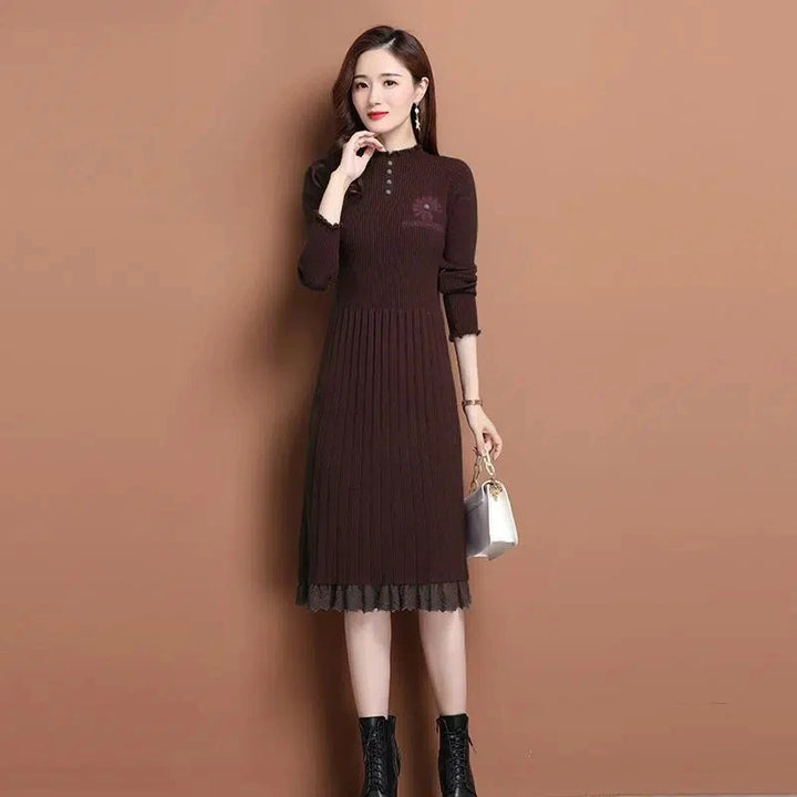 Vintage Patchwork Knitted Dress | Warm Half Turtleneck | Autumn Winter | Midi Vestidos Mujer