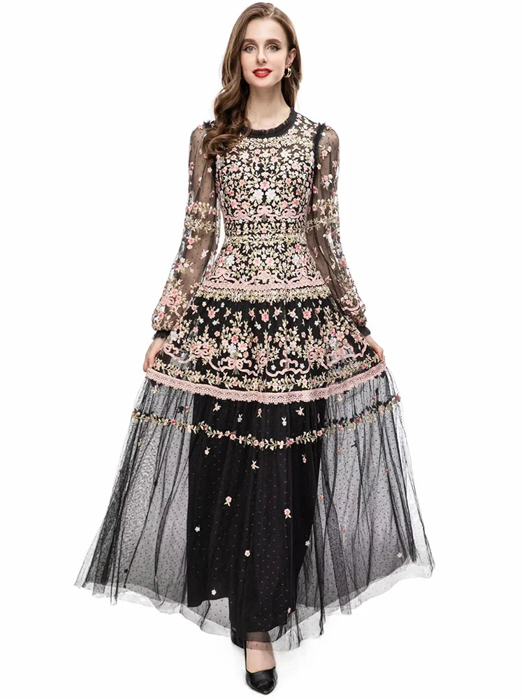 Vintage Autumn Maxi Dress | Mesh & Floral Embroidery | High Waist & Lantern Sleeves