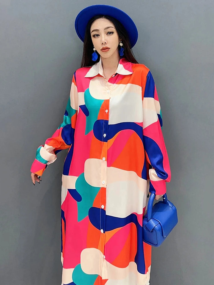 SHENGPALAE 2024 Spring Shirt Dress | Contrast Print | Loose Fit | Mid Calf | Casual Robe | Vestido