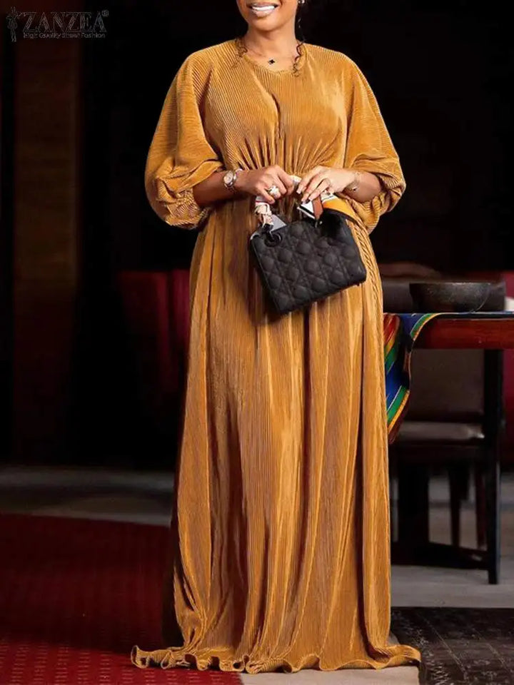 ZANZEA Elegant Maxi Dress - O-neck, Bat Sleeve, Pleated Design for Women - Perfect for Parties, Holidays, and Everyday Wear!