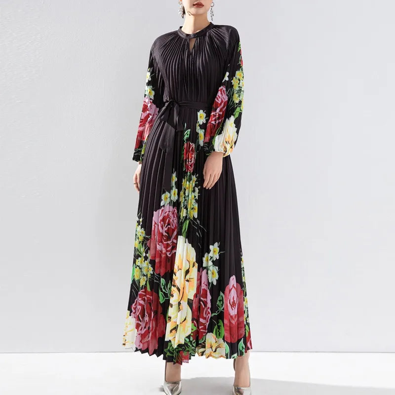 2024 Miyake High End Printed Pleated Dress - Long Formal with Waist Tie Up