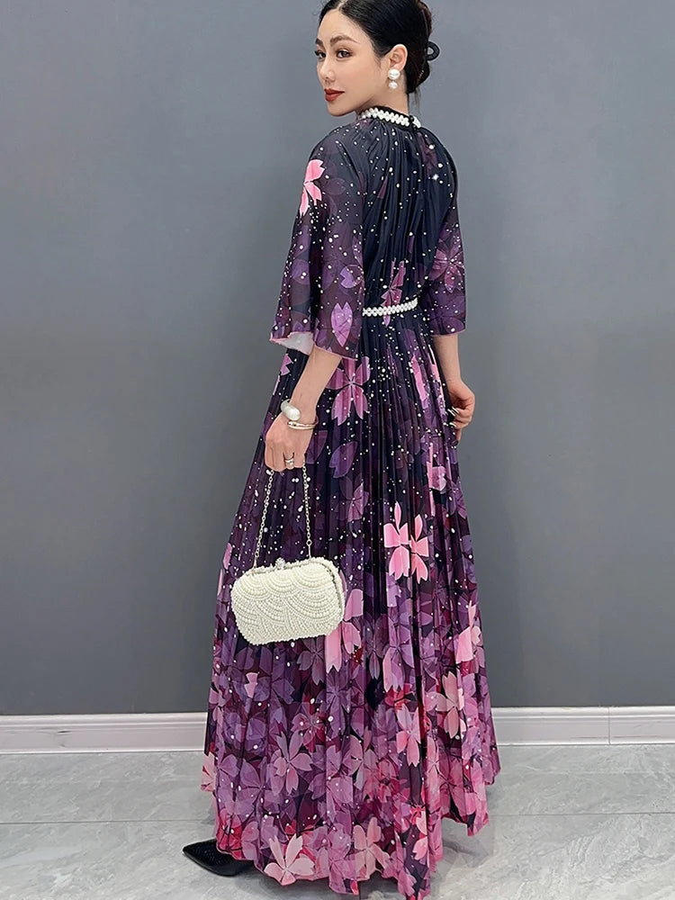 Stunning SHENGPALAE 2024 Spring Summer Women's Dress - Diamond Inlaid, Formal, Printed, Pleated, Large Hem!