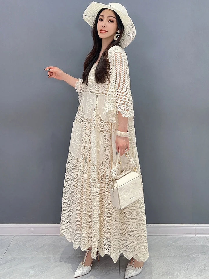 2024 Spring Summer Lace Dress: Elegant Lady Fashion with Mid Sleeves, Large Hem, and Hollow Out Design