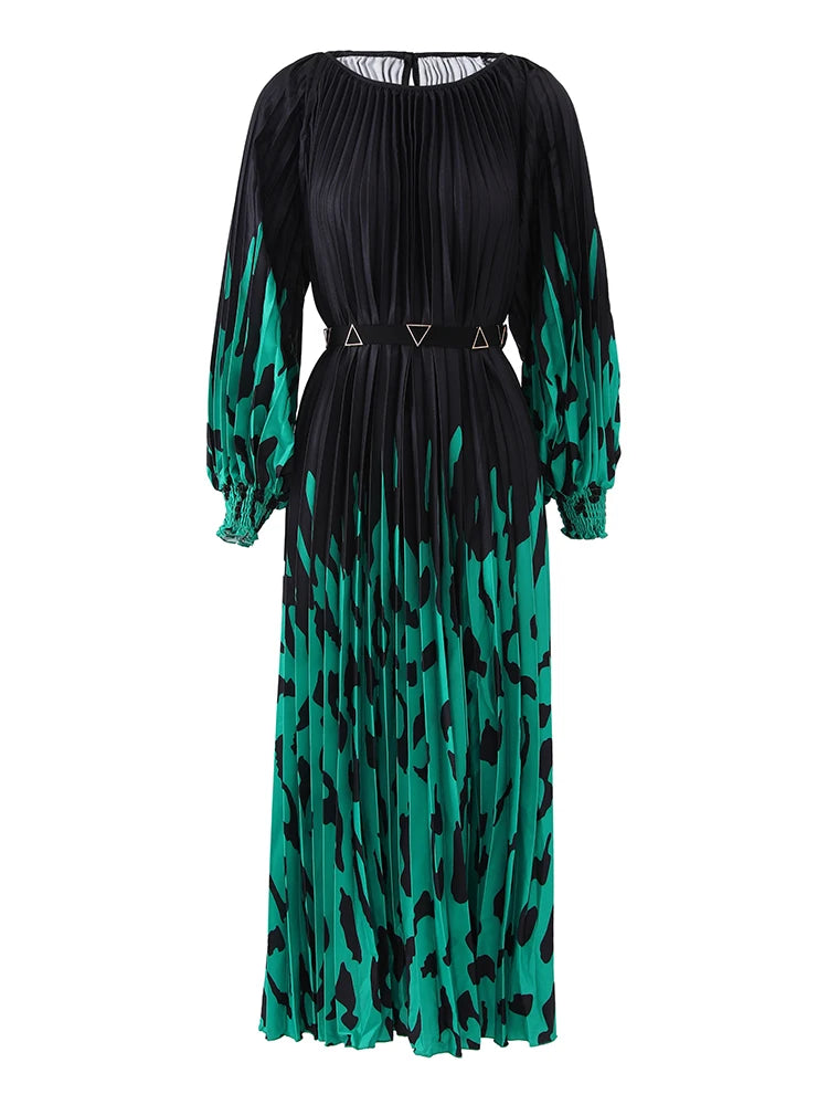 LANMREM Retro Print Pleated Long Dress For Women Lantern Sleeves Contrast Color Dresses Fashion 2024 Summer New Clothing 32C788