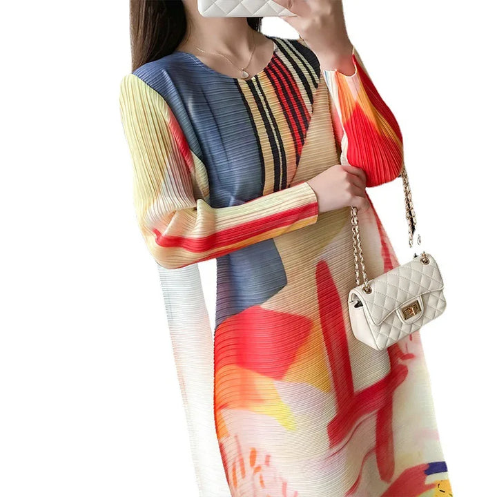 Luxury Miyake Pleated Summer Dress - Fashion Print, Plus Size, Casual A-Line, Round Neck, Evening Dress (Size: One Size)