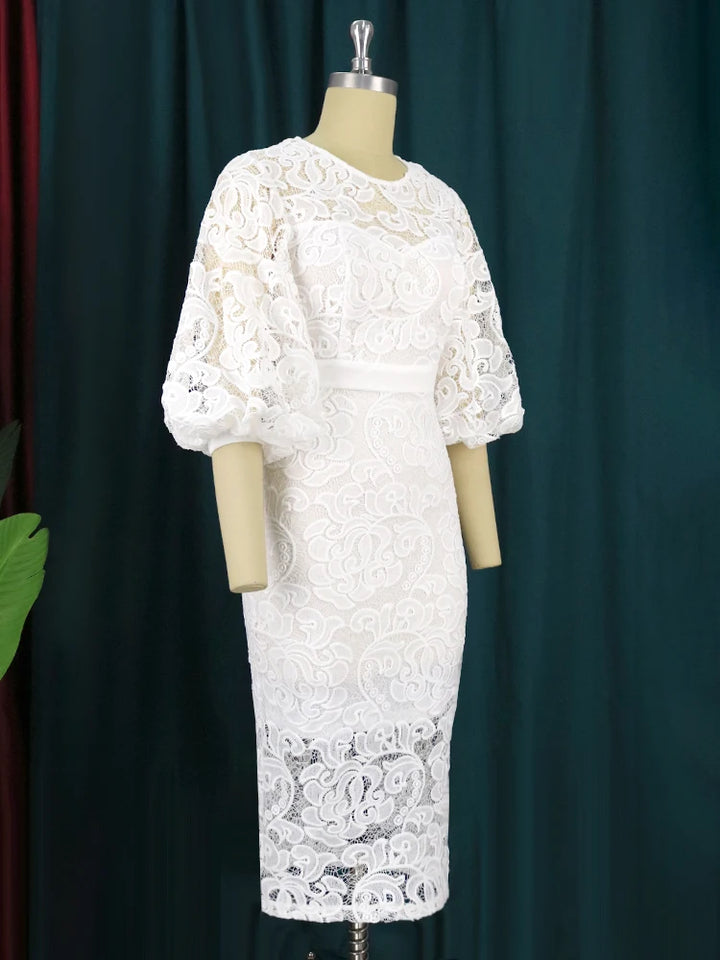 4XL O Neck Lace Lantern Sleeve Evening Dress - White Pink Patchwork Gown for Plus Size Ladies