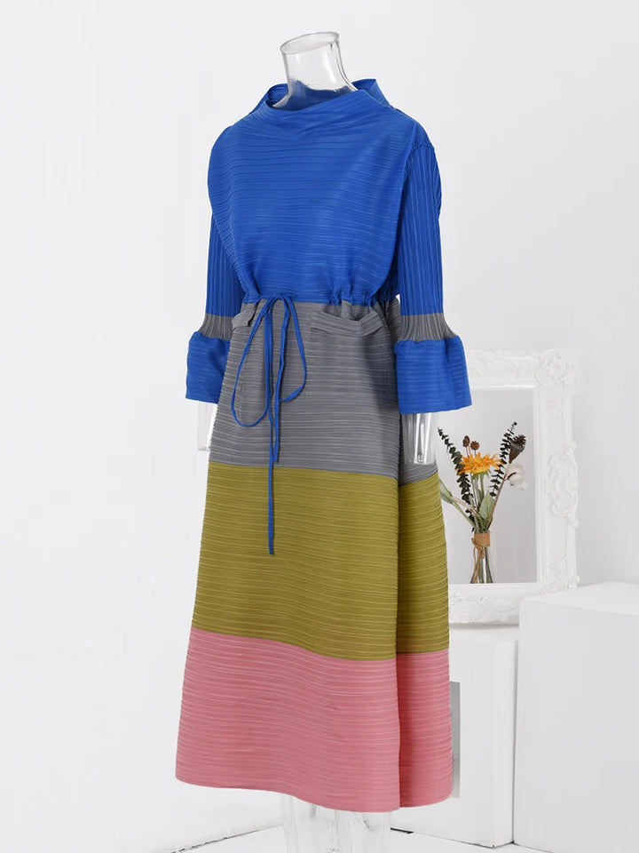 Stylish Color Block Pleated Dress for Women | Spring 2024 Fashion | Drawstring Waist | 32C511