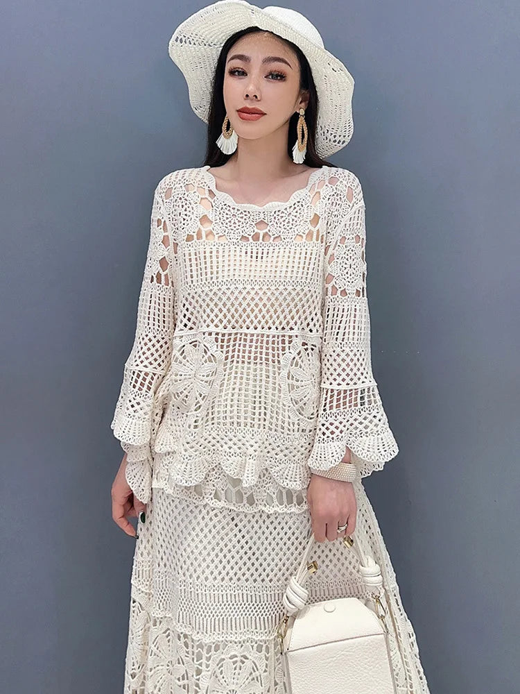 2024 Spring Summer Lace Set with Hollow Top and Swing Skirt - Elegant Fashion for Women