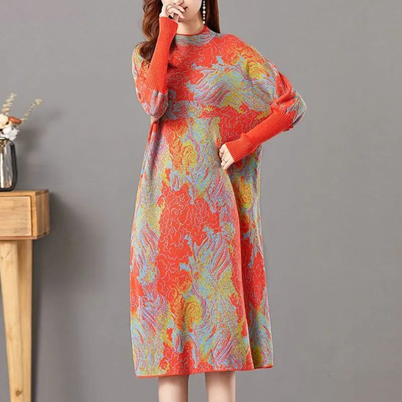 Trendy Folk Tie Dye Midi Dress - Women's Autumn/Winter A-Line - Casual & Cozy!