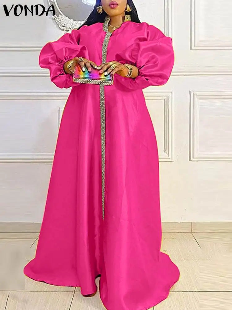 Plus Size 5XL VONDA Women Maxi Dress Autumn Long Lantern Sleeve Sexy V-neck Satin Patchwork Party Sundress Casual Loose Robe